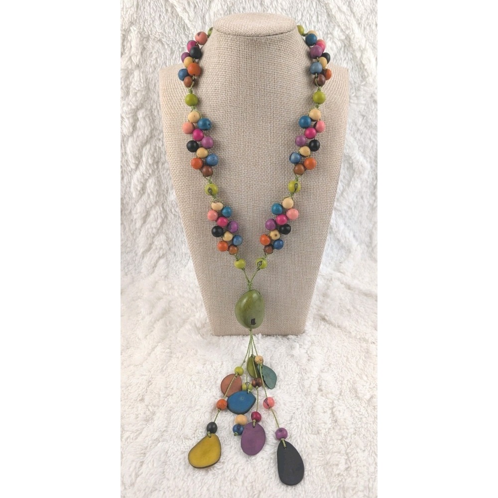 Handmade Tagua Nut Necklace Colorful Seed Beads Long Boho Statement Jewelry